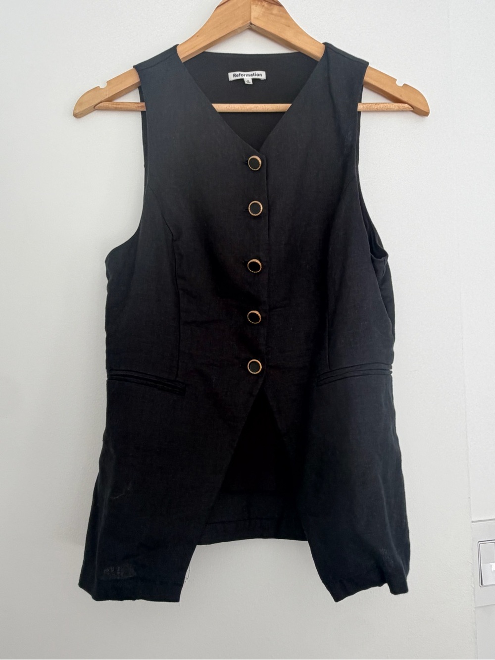 Reformation Aspen linen  Black  Tailored Sleeveless Vest with Gold Buttons